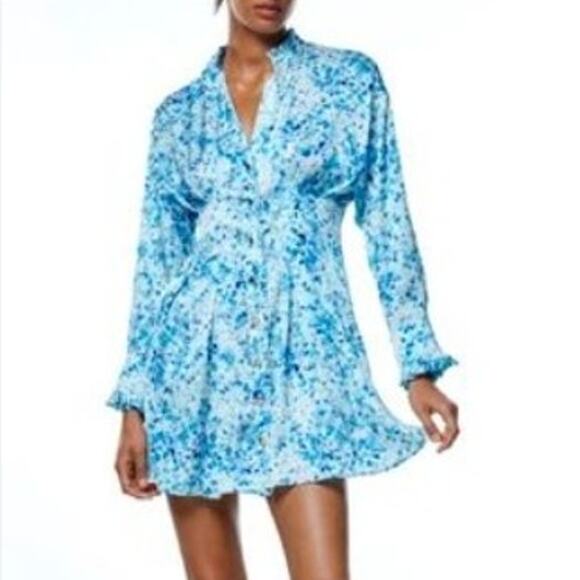 Zara Blue White Satin Long Sleeve Mini Dress Medium V-Neck Pleated Cocktail - Picture 1 of 7